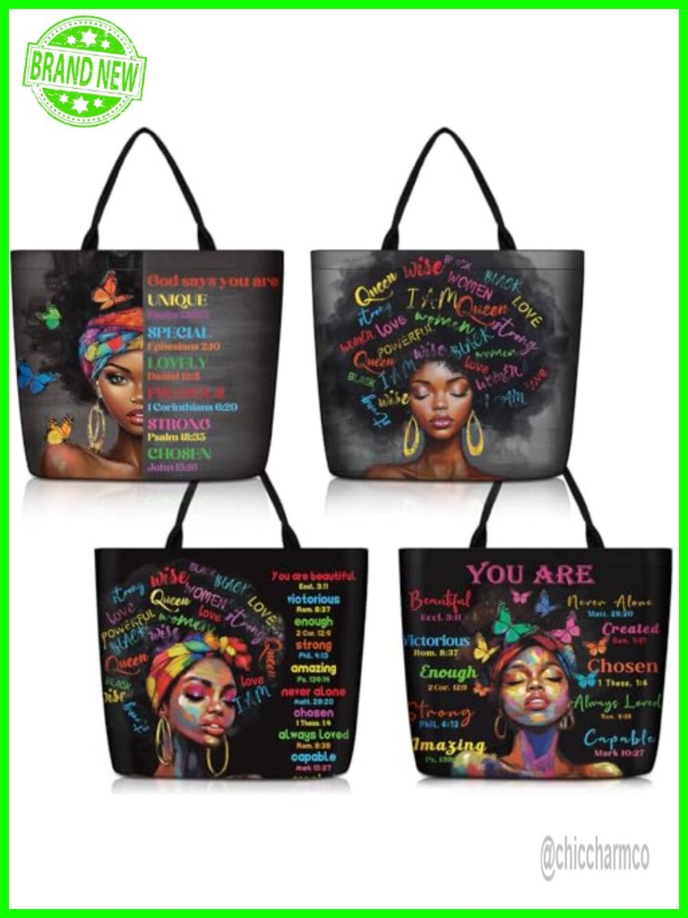 Canvas Tote Bags for Women, 4 Pack African American Print, Large Shoulder Bag